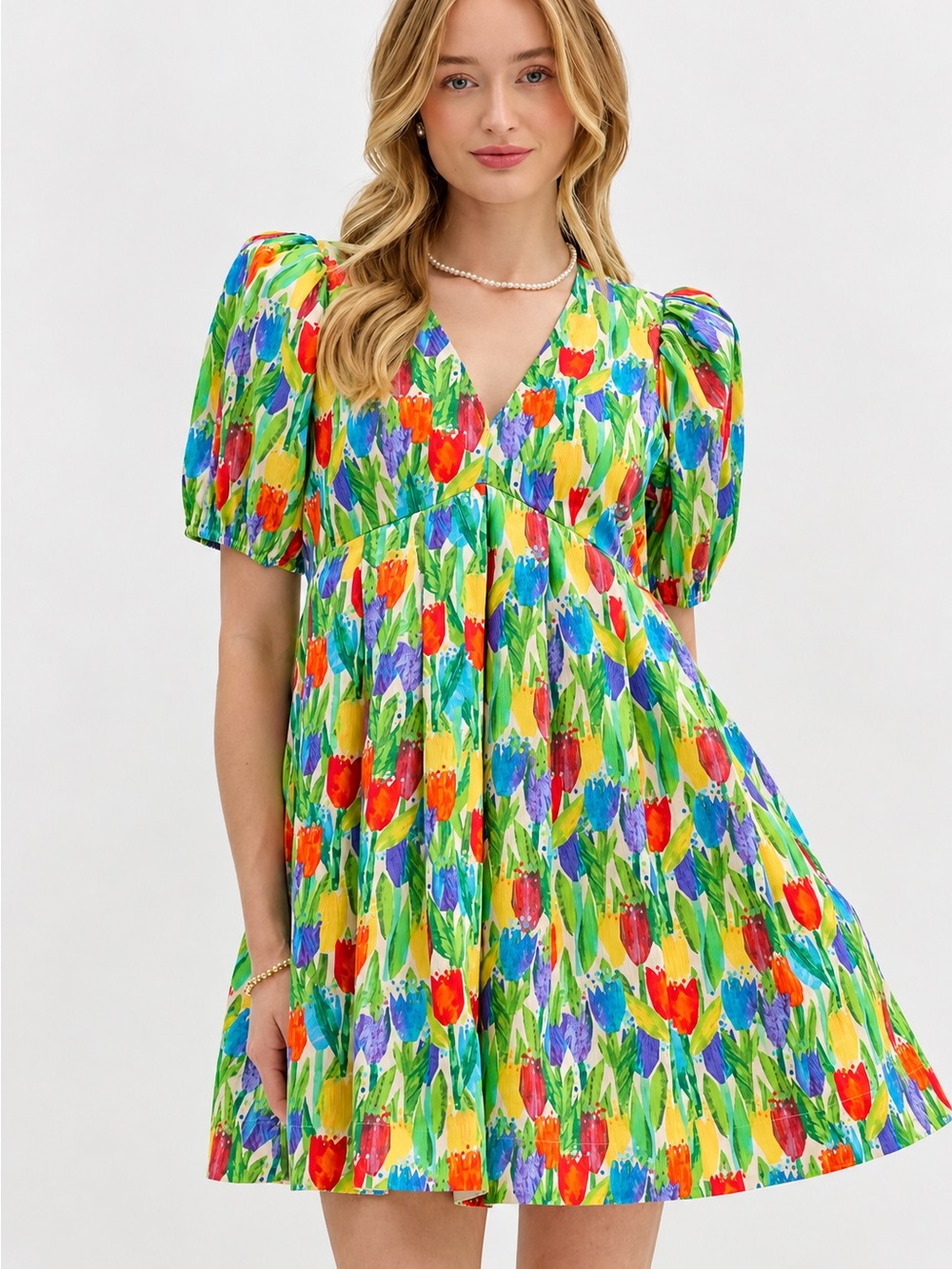 Entro Tulip Fields Floral Puff Sleeve Mini Dress Multicolor Size Small